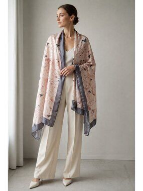 Large 100% Silk Floral Shawl Wrap Pink Gray Roses Scarf Elegant Evening Cover Up